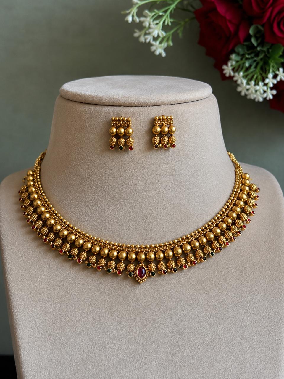 Matt Gold Finish Choker Necklace with Earring set
