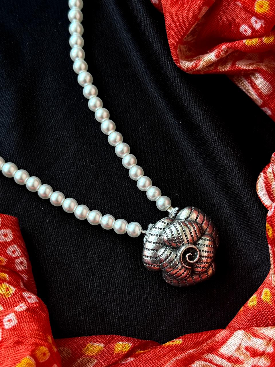 Oxidized Ganesha Pendant Pearl Mala Necklace