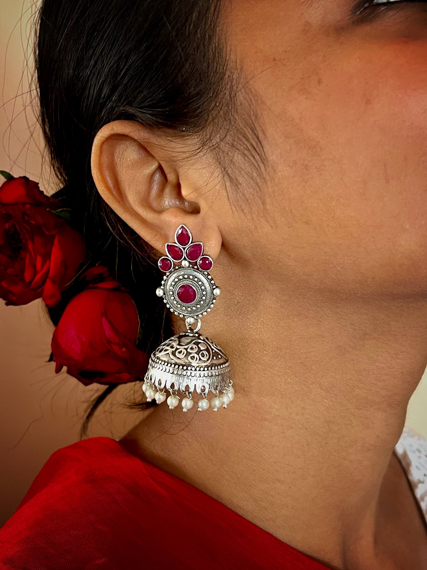 Oxidized Jhumka Earring in Black Polish with Stones