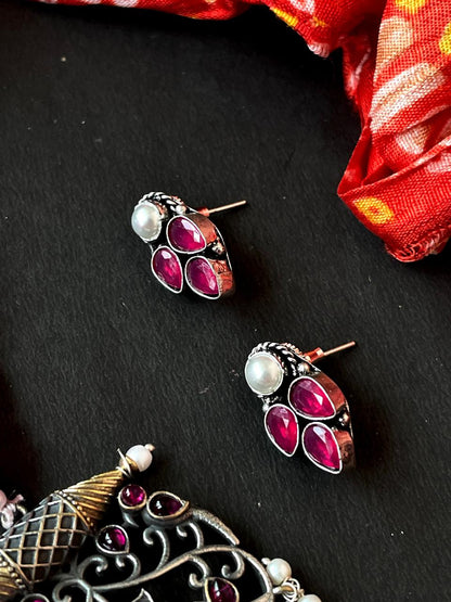 Oxidized Pendant Beaded Mala Necklace with Earring Set