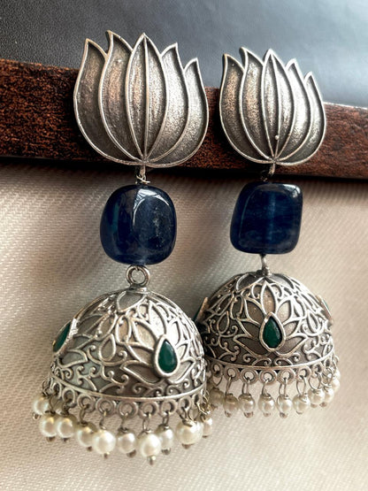 Lotus Top, Natural Stone and Silver Replica Jhumki Earring