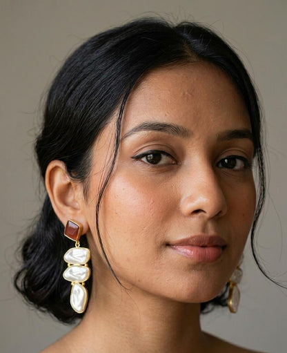 Monalisa Stone Shell Pearl Golden Geometrical Earring