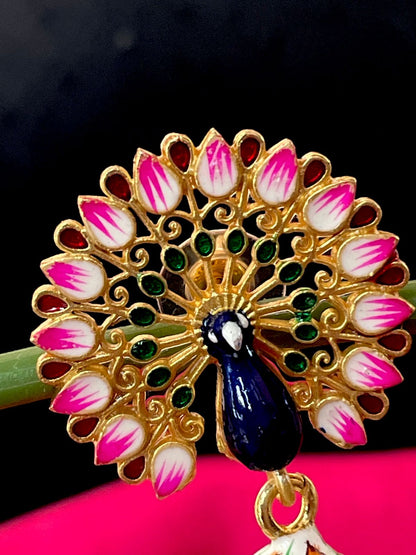 Meenakari Flower Print Big Heavy Jhumka with Peacock Top Earring