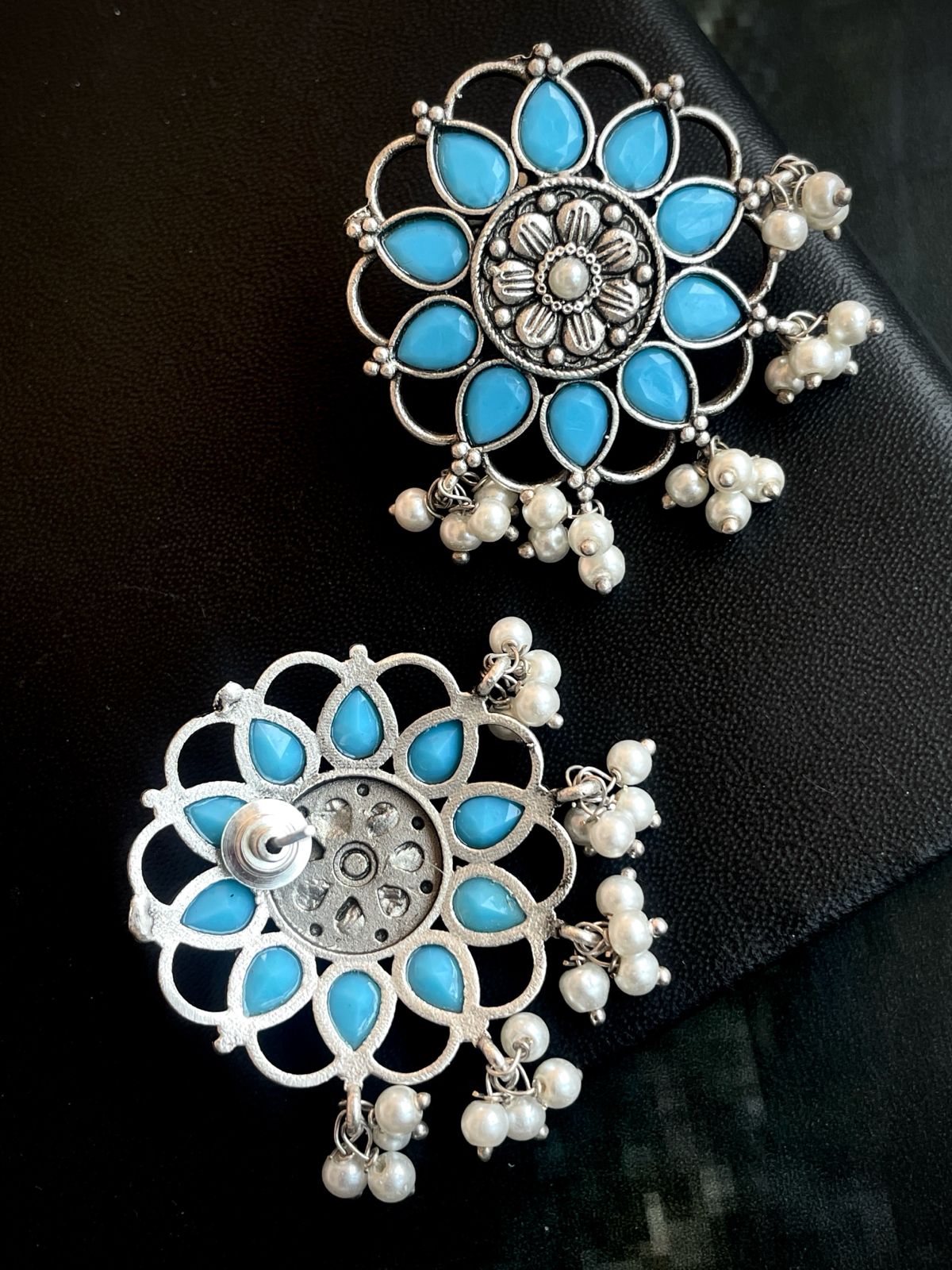 Oxidized Floral Stone Beaded Earring