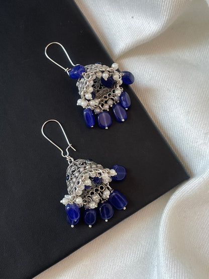 Stone Beaded Oxidized Jhumki Earring