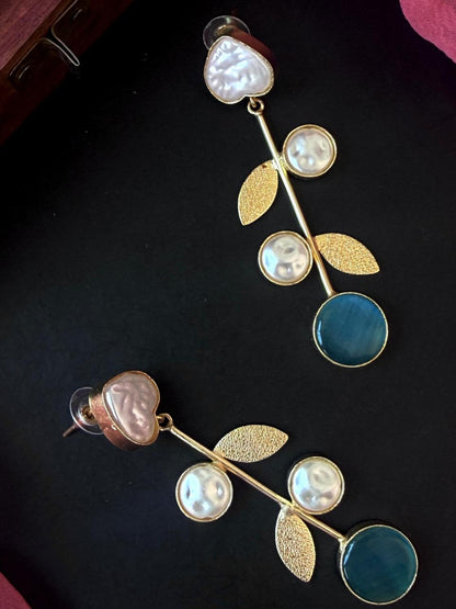 Monalisa Stone Shell Pearl Golden Leaf Earring