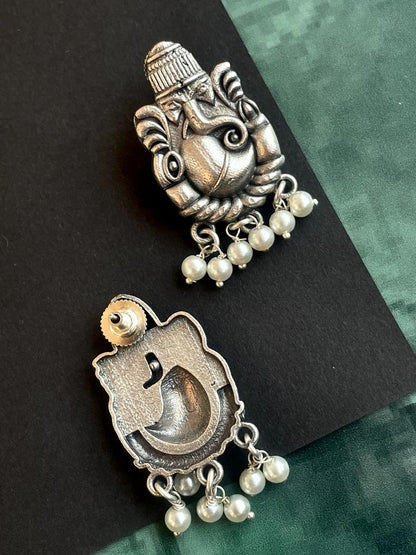 Silver Plated Oxidized Ganesha Design stud Design