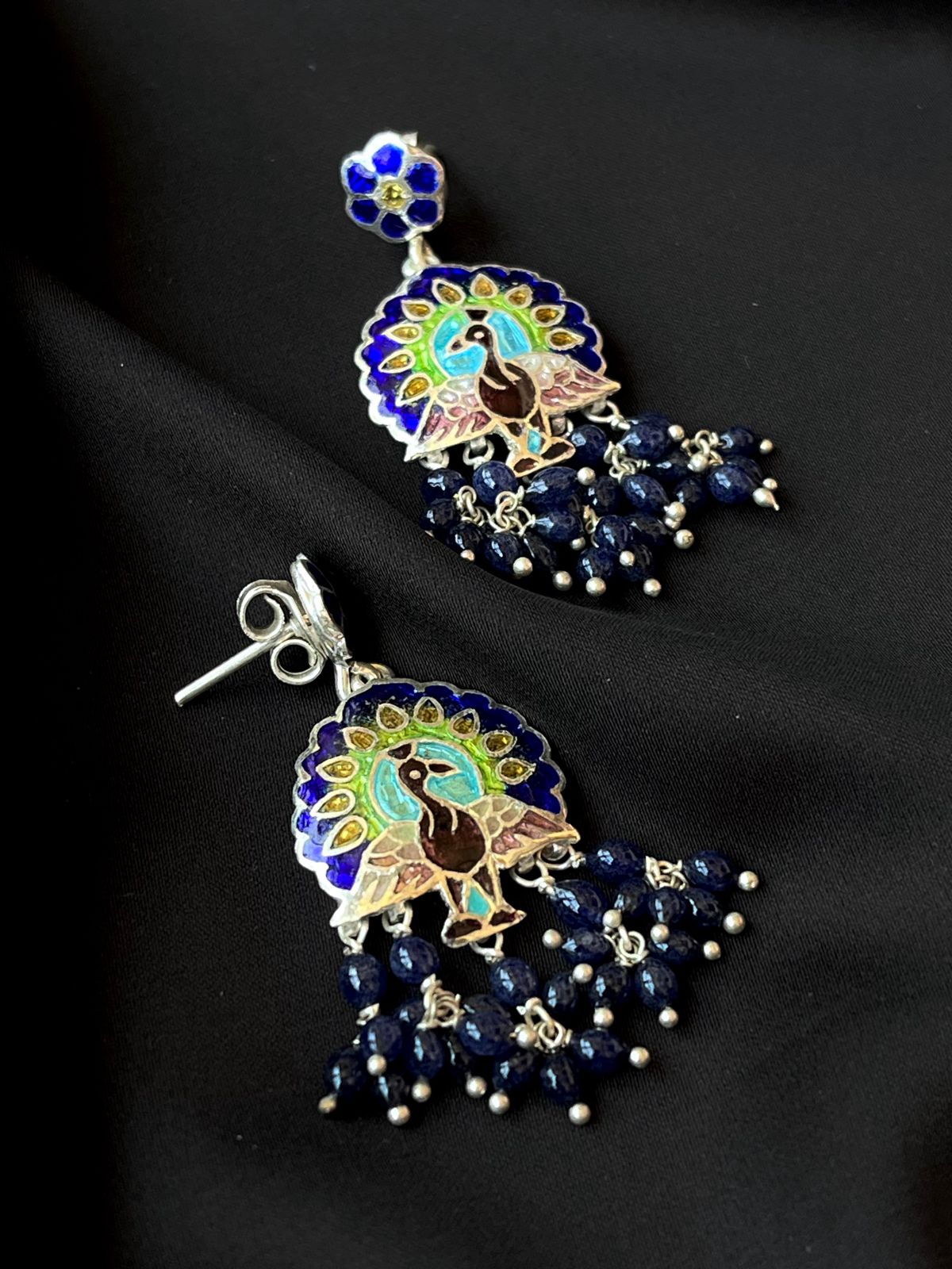 Meenakari Peacock Print 92.5 Silver Beaded Earring