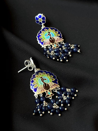 Meenakari Peacock Print 92.5 Silver Beaded Earring