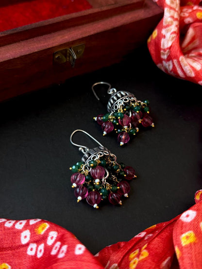 Stone Beaded Partywear Oxidized Jhumki Earring