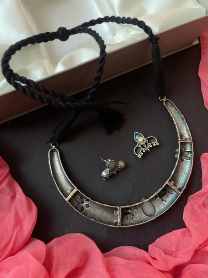 Monalisa Stone Oxidized Choker with Earring set