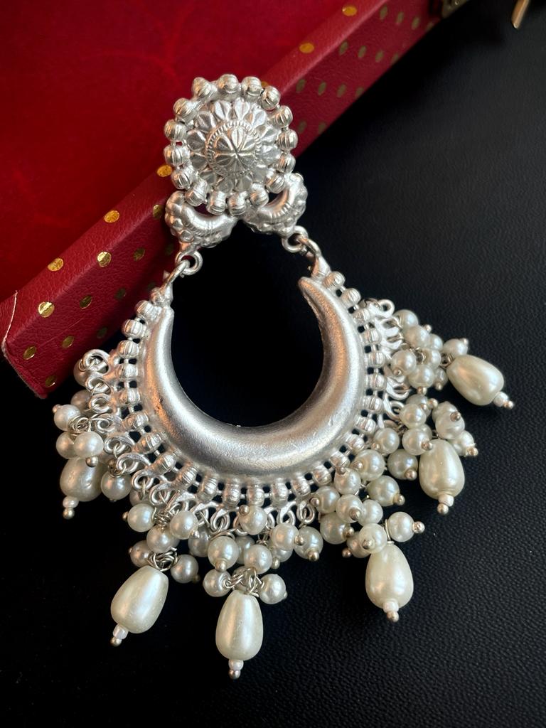 White Silver Replica Beaded Chandbali Earring