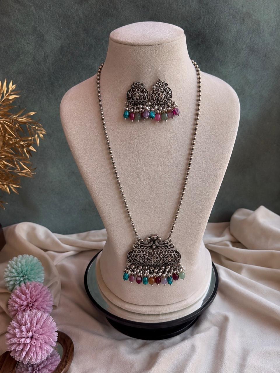 Stones Beaded Oxidized Pendant Chain Necklace with Earring set