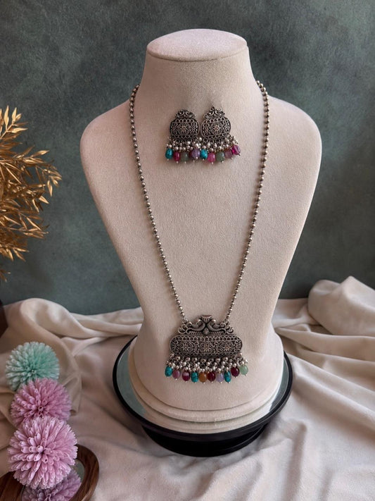 Stones Beaded Oxidized Pendant Chain Necklace with Earring set