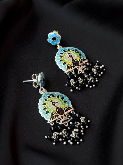 Meenakari Peacock Print 92.5 Silver Beaded Earring