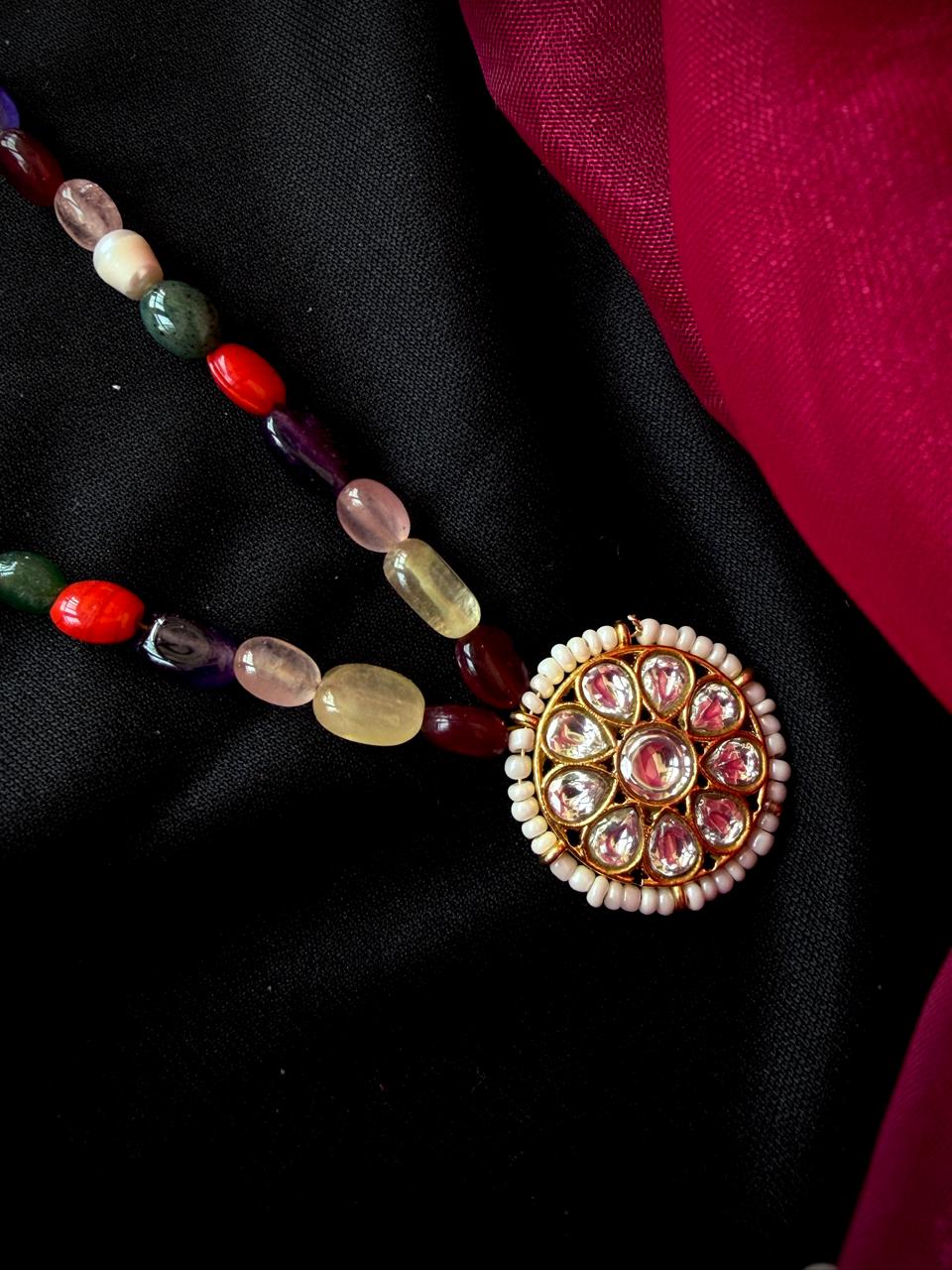 Pachi Kundan Pendant Navratan Mala