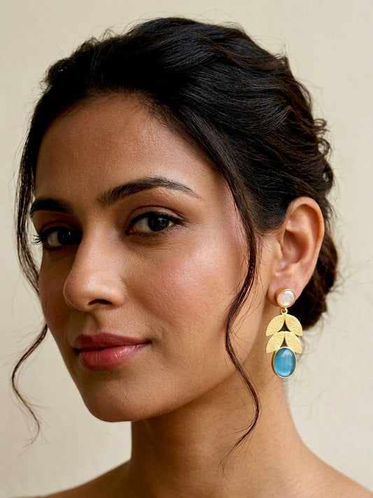 Monalisa Stone Sell Pearl Golden Leaf Earring