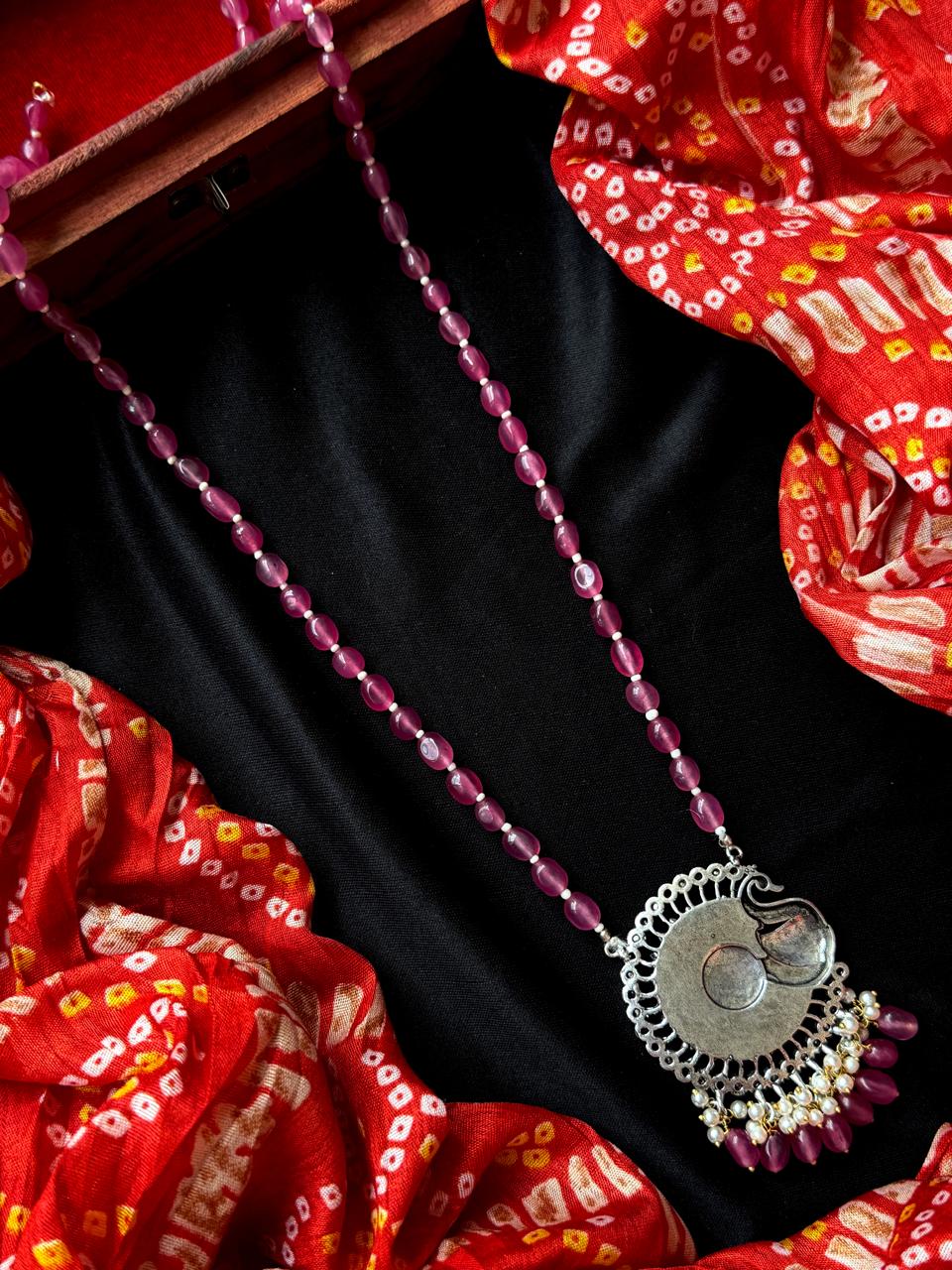 AD stone Oxidized Pendant Stone Baeded Mala Necklace