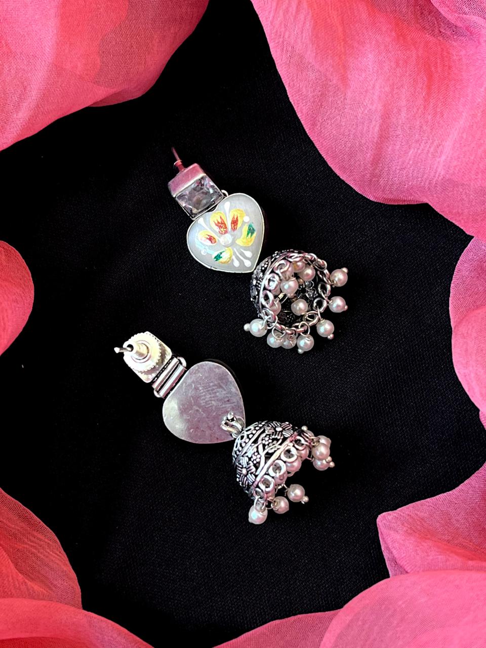 Hand Painted Monalisa Stone Top with Silver Replica Jhumki Earring