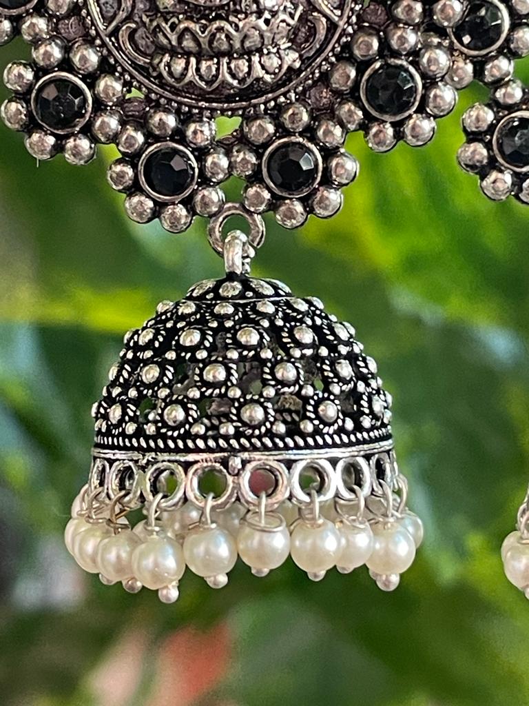 Oxidized Dome Jhumka with Goddes Lakshmi top