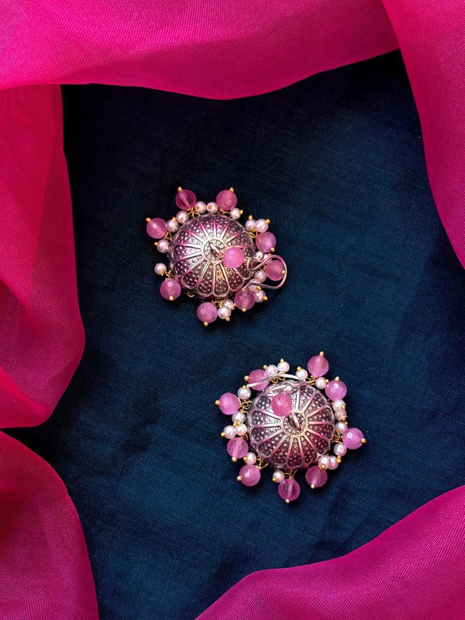 Cut Stone Beaded Silver Jhumki Earring