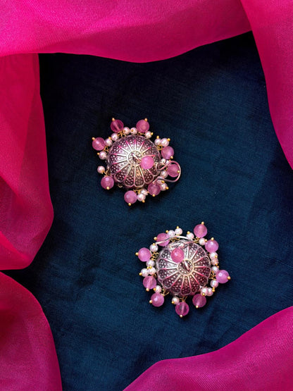 Cut Stone Beaded Silver Jhumki Earring