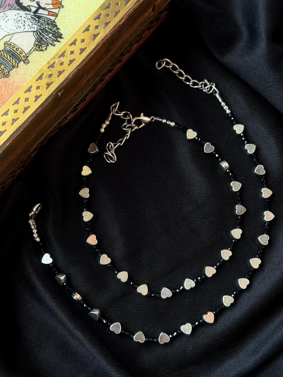 Silver Replica Motif Black Beaded Anklet