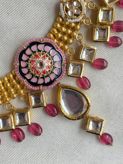 Meenakari, Kundan and Natural Stone Fusion Golden Choker with Earring Set