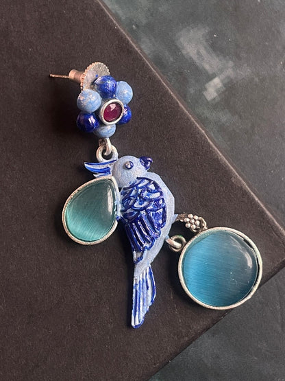 Hand Painted Monalisa Stone Bird Shape Oxidized Earring
