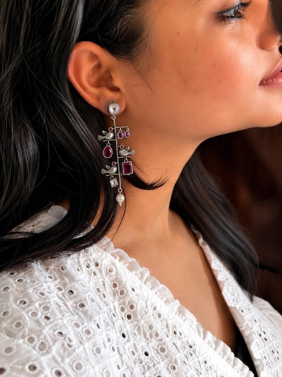 Monalisa Stone Birds Silver Replica Earring