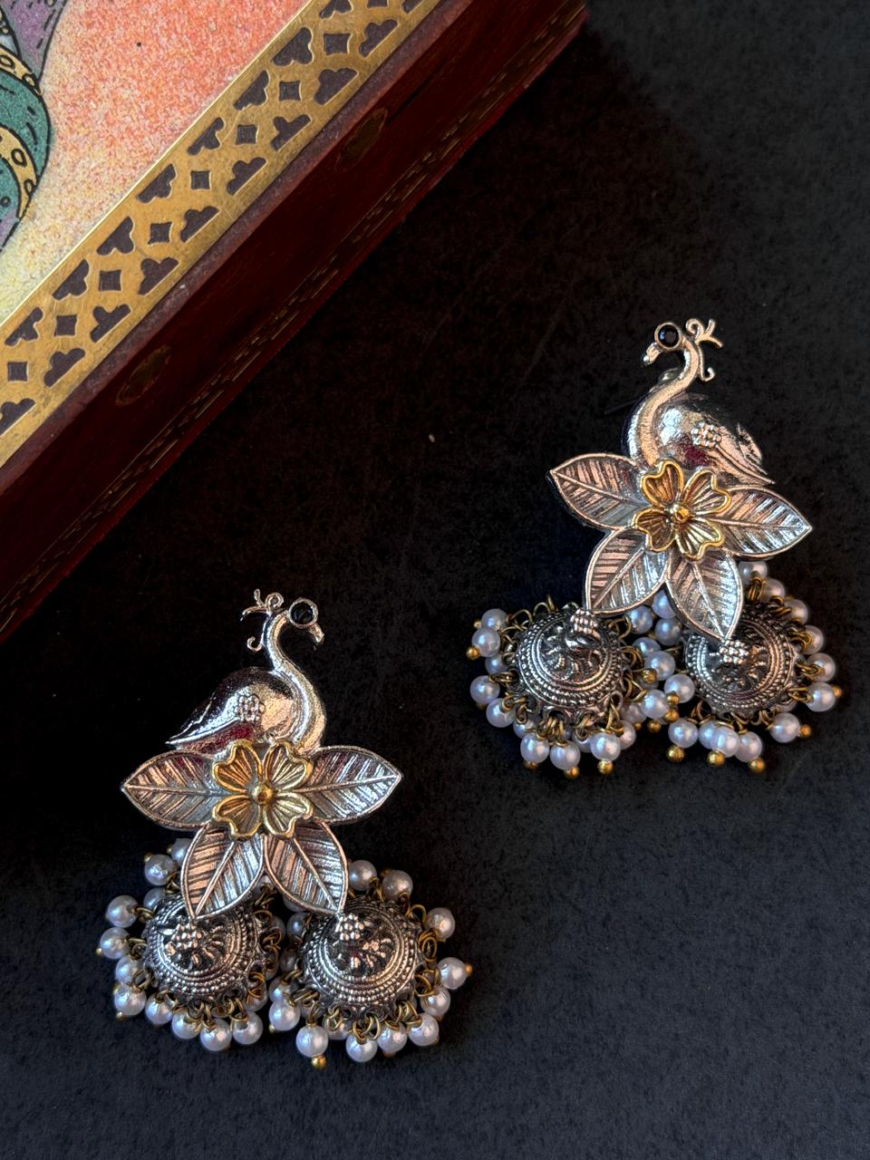 Bird Shape Floral Dual Tone Jhumki Earring