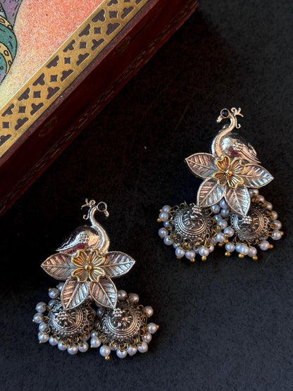 Bird Shape Floral Dual Tone Jhumki Earring