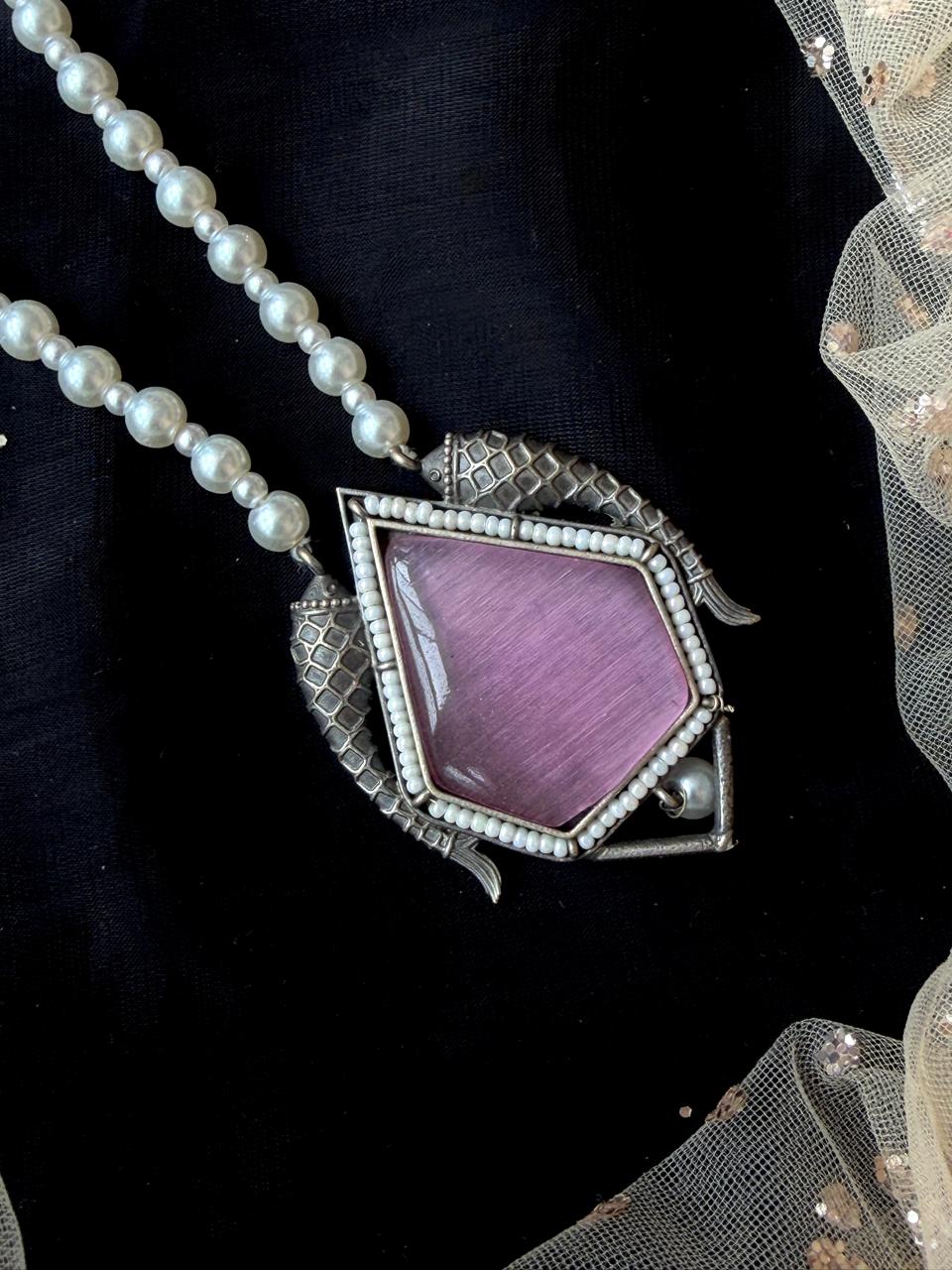 Monalisa Stone Oxidized Pendant Baeded Mala Necklace with Earring set