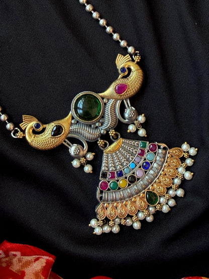 Dual Tone Peacock Pendant Chain Necklace with Earring set