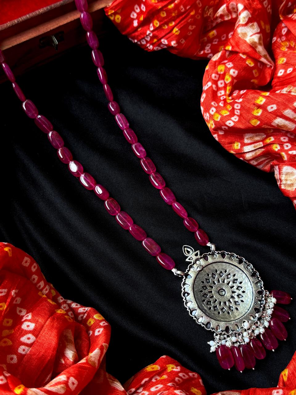Stone Beads Oxidized Pendant with Stone Baeded Mala Necklace