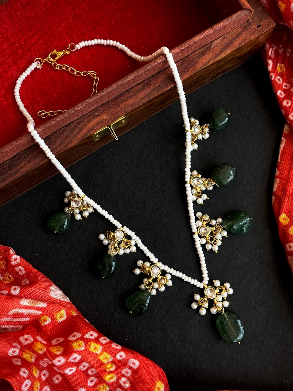 Strawberry Stone Beaded with Pachi kundan Necklace Earring set