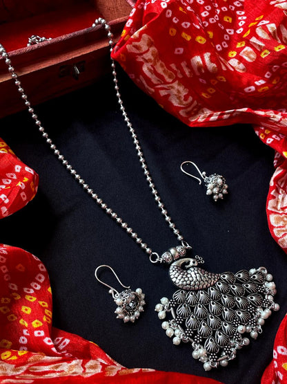 Oxidized Peacock Pendant Chain Necklace with Earring set