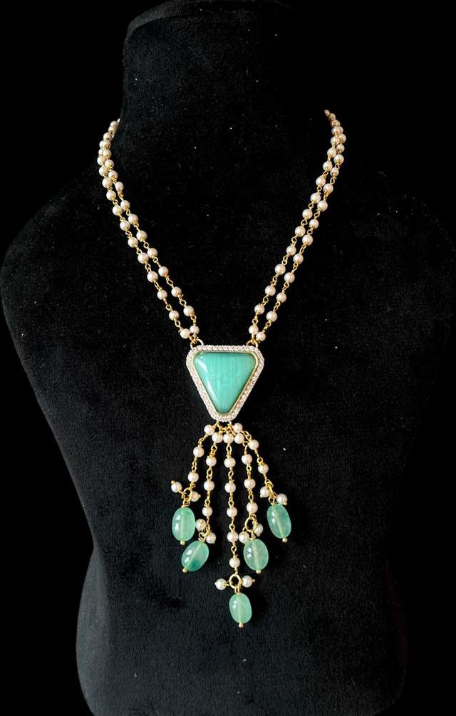 AD with Monalisa Jade Stone Beaded Pendant Beaded Mala Necklace