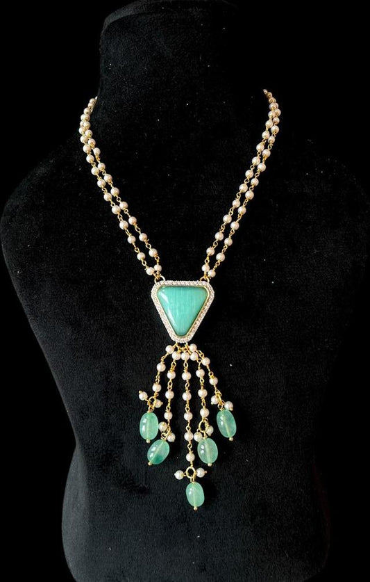 AD with Monalisa Jade Stone Beaded Pendant Beaded Mala Necklace