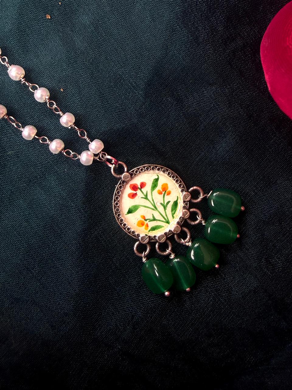 Hand Painted Pendant Beaded Chain Necklace