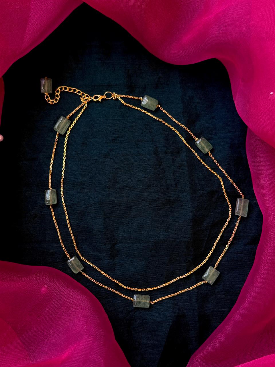 Stone Beaded Double Layer Chain Necklace with Earring Set