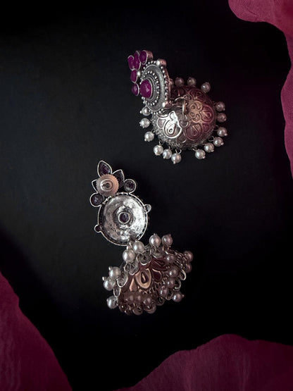 Oxidized Jhumka Earring in Black Polish with Stones