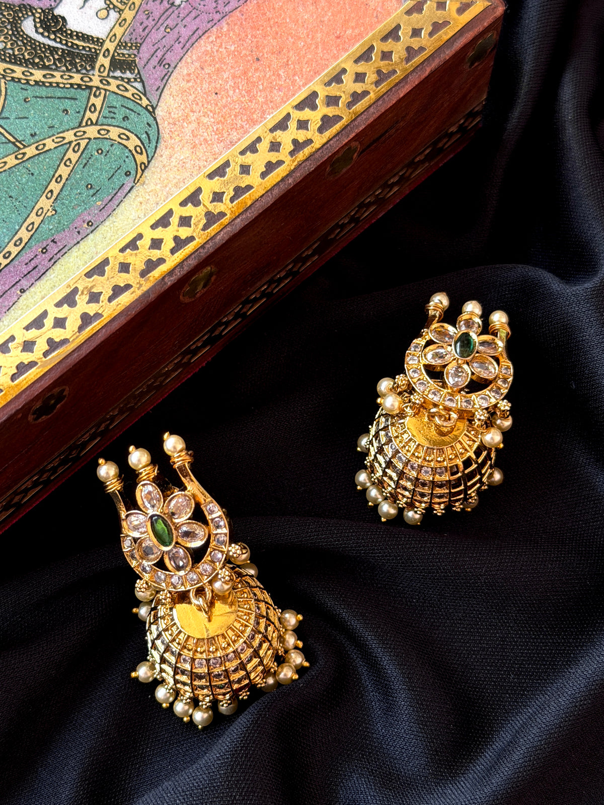 AD Stone Matt Finish Golden Temple Earring