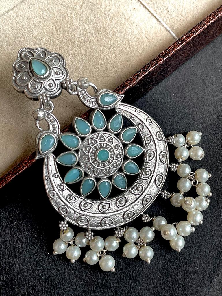 Silver Replica Big Chandbali Earring with Stones and Beads