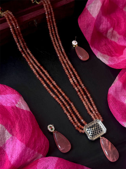 Monalisa Stone Pendant Three Layered Stone Beads Mala Necklace with Earring set