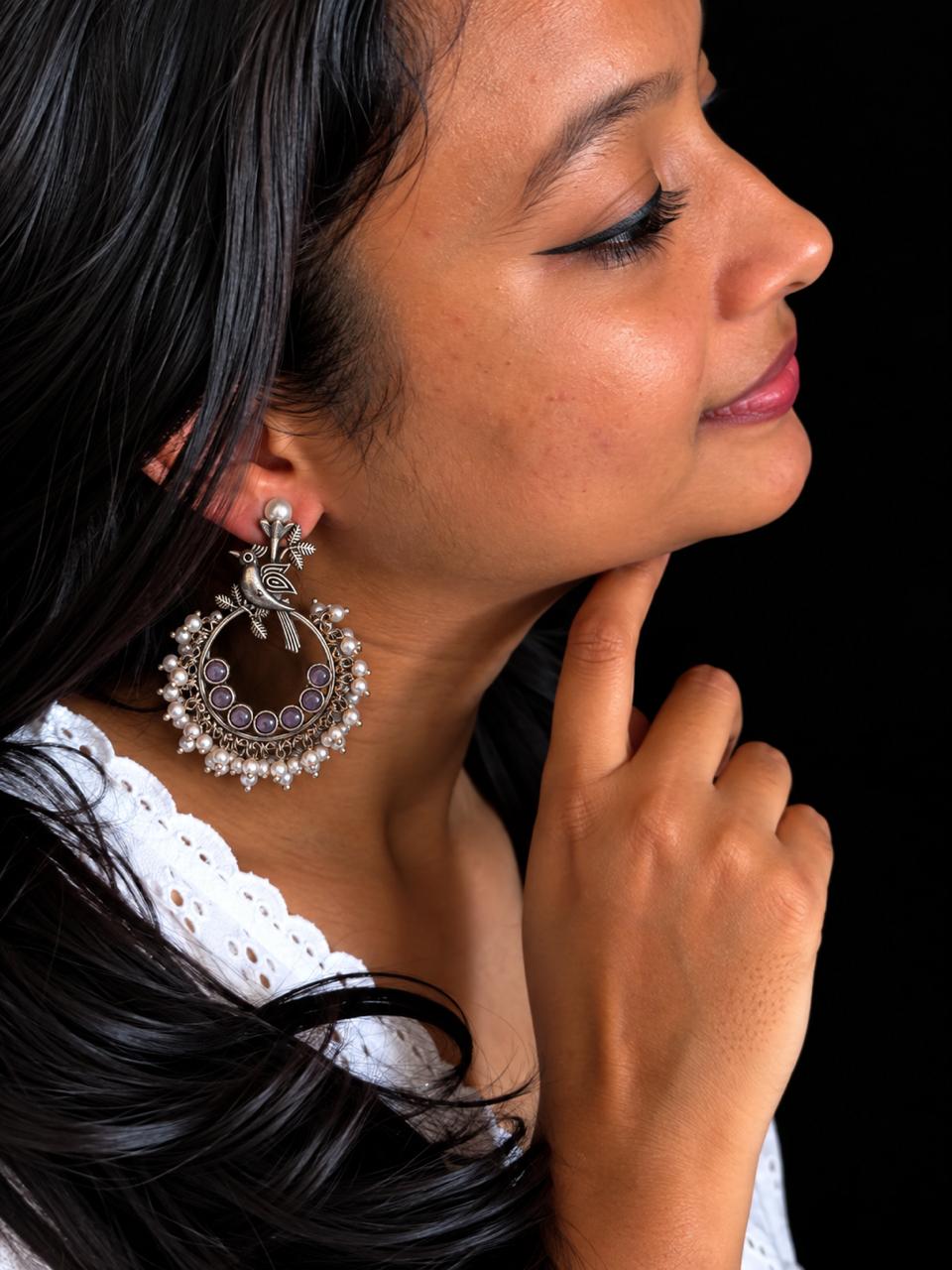 Silver Replica Oxidized Beaded Earring