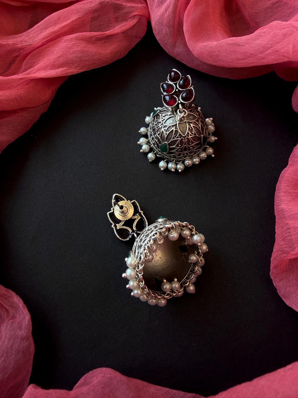 Natural Stone Top with Silver Replica Jhumka Earring