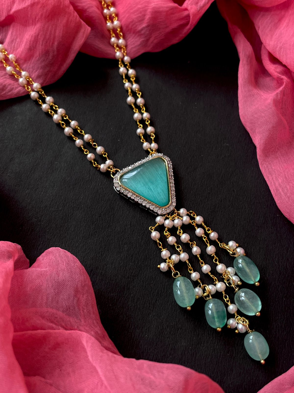 AD with Monalisa Jade Stone Beaded Pendant Beaded Mala Necklace