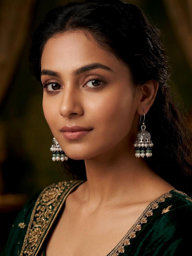 Stone Beaded Silver Replica Jhumki Earring