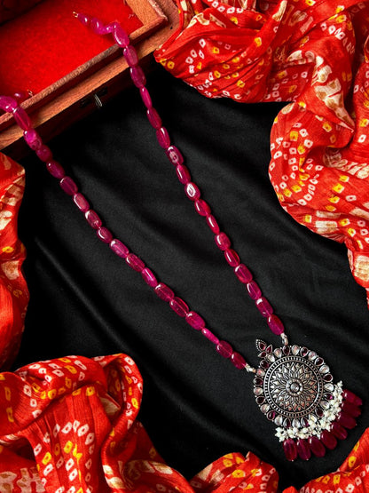 Stone Beads Oxidized Pendant with Stone Baeded Mala Necklace